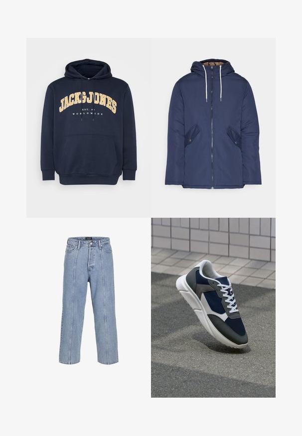 Marineblauwe gewatteerde jas met een capuchon, voorzien van een rits aan de voorkant, twee zijzakken met knopen en witte trekkoorden.; Navyblauwe hoodie met een voorste kangoeroezak, trekkingkoord en gedurfde gele tekstafbeelding "JACK & JONES" boven "EST. 1990" en "WORLDWIDE."; Lichtblauwe denim jeans met een losse pasvorm, wijde benen en zichtbare stiksels. Voorzien van een knoop- en ritsluiting, vijf zakken.; Sneaker met een marineblauwe mesh bovenwerk, grijze suède accenten, witte rubberen zool en platte witte veters, ontworpen voor comfort en ademend vermogen.