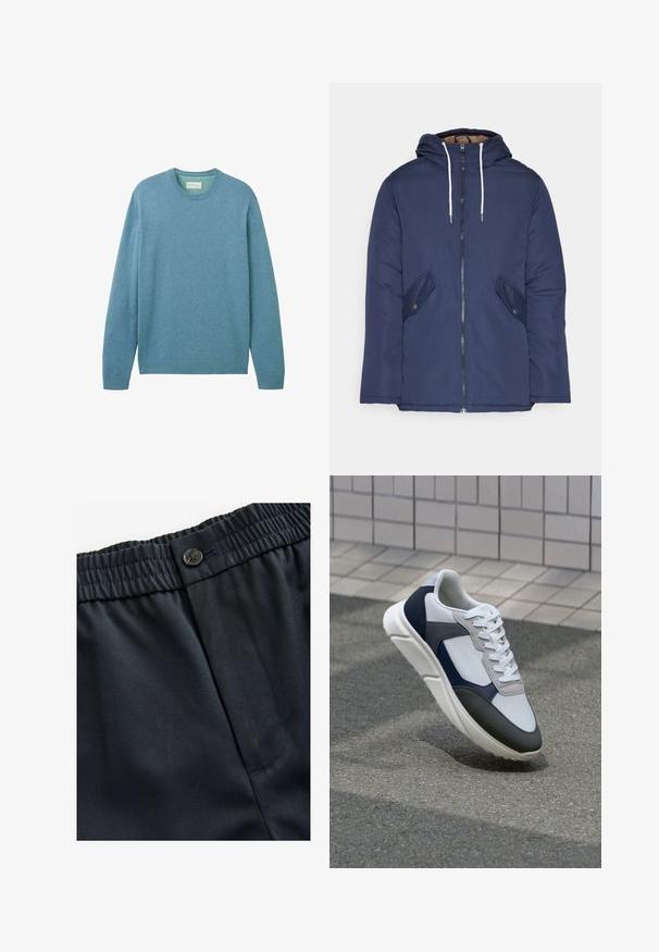 Marineblau gepadded Jacke mit Kapuze, ausgestattet mit einem Reißverschluss vorne, zwei seitlichen Taschen mit Knöpfen und weißen Kordeln.; Helles blaues Sweater aus weichem Stoff, mit langen Ärmeln und rundem Hals. Gerippte Bündchen und Saum verleihen Textur. Keine sichtbaren Muster.; Marineblaue, leichte Stoff mit einer glatten Textur. Verfügt über einen elastischen Bund mit Knopfverschluss und einer seitlichen Tasche.; Weißer, marineblauer und grauer Sneaker mit einem Materialmix-Design, das ein strukturiertes Obermaterial, flache Schnürsenkel und eine gepolsterte Sohle aufweist.