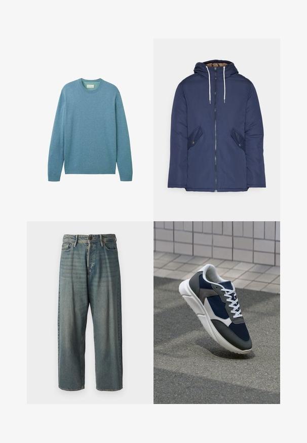 Jūrinė mėlyna pūkinė striukė su kapišonu, turinti priekinį užtrauktuką, dvi šonines kišenes su sagomis ir baltus raiščius.; Šviesiai mėlynas megztinis iš minkštos medžiagos, turintis ilgomis rankovėmis ir apvaliu kaklu. Raibų atlankai ir apačia suteikia tekstūrą. Nėra matomų raštų.; Šviesiai mėlyni džinsai su laisvu siluetu, vidutinio aukščio juosmeniu ir tiesiomis kojomis. Su penkiais kišenėmis, diržo kilpo ir mygtukų uždarymu.; Sportiniai bateliai su tamsiai mėlynu tinkliniu viršumi, pilkais zomšiniais akcentais, balta guma padanga ir plokščiomis baltomis raištelėmis, sukurti komfortui ir oro pralaidumui.