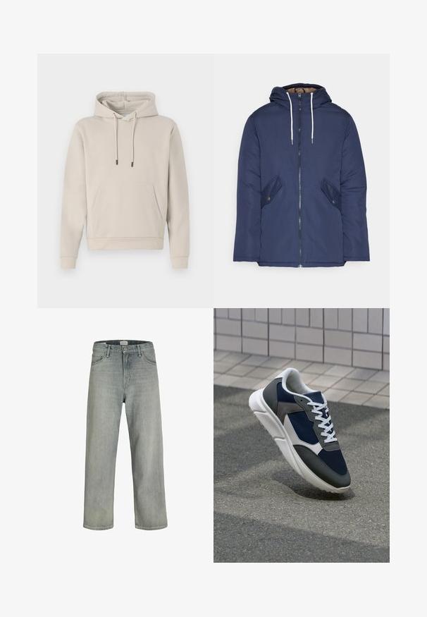 Giacca imbottita blu navy con cappuccio, dotata di zip frontale, due tasche laterali con bottoni e lacci bianchi.; Felpa con cappuccio in beige chiaro, dotata di tasca frontale, cordini e polsini a costine. Realizzata in tessuto morbido e liscio con una vestibilità comoda.; Jeans grigi chiaro, con vestibilità comoda, realizzati in denim. Presentano un classico design a cinque tasche, passanti per cintura e una silhouette a gamba dritta.; Sneaker con tomaia in rete blu navy, inserti in suede grigio, suola in gomma bianca e lacci bianchi piatti, progettata per comfort e traspirabilità.