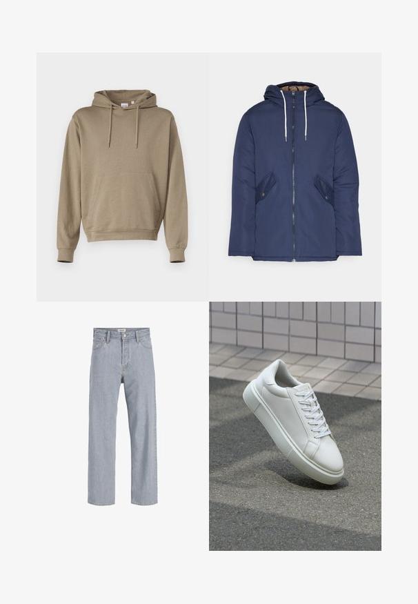 Giacca imbottita blu navy con cappuccio, dotata di zip frontale, due tasche laterali con bottoni e lacci bianchi.; Felpa con cappuccio in tessuto marrone chiaro, con tasca a marsupio frontale, polsini a costine e un design dalla vestibilità rilassata.; Jeans in denim azzurro chiaro con vestibilità rilassata, design a gamba dritta, cuciture visibili, due tasche frontali e chiusura con bottone.; Sneaker bianco in pelle con superficie liscia, punta rotonda e lacci piatti bianchi. Presenta una suola in gomma texturizzata e un design minimale.