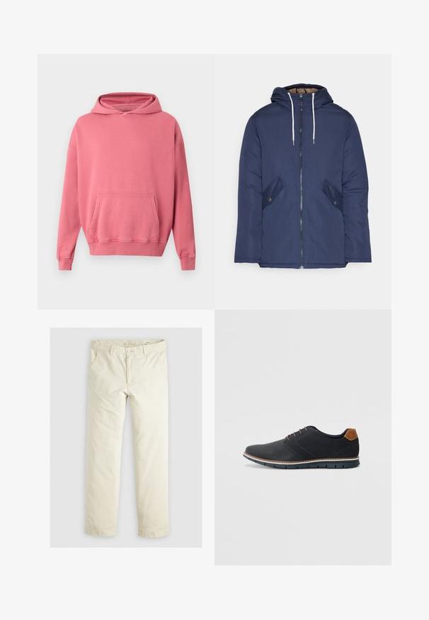 Marineblå polstret jakke med hette, med glidelås foran, to sidelommer med knapper og hvite snorer.; Rosa hettegenser med kengurulomme, ribbestrikkede mansjetter og nederkant. Laget av myk, teksturert stoff. Enkel design, uten synlige logoer eller mønstre.; Lys beige løse bukser med tre lommer, beltestropper og rett ben-design. Laget av et mykt bomullsblandingsstoff.; Sorte syntetiske sko med en teksturert overdel, glatte detaljer, brun hæl og en kontrastfarge på sålen. Har minimalt snøring og sømdetaljer.