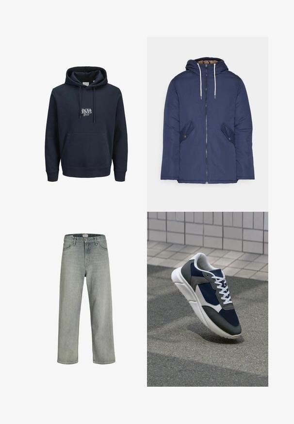 Tumesinine vahtkatseline jakk, millel on kapuuts, esilukk, kaks küljetaskut nupuga ja valged tõmblukud.; Tumed sinine kapuutsiga dressipluus, millel on nööriga kapuuts, ees kangaroo-tasku ning valge tikitud logo "JACK & JONES" rinna piirkonnas. Pehme materjal.; Heledad hallhallid, laia lõikega denimist teksased. Omavad klassikalist viie tasku disaini, vööloopse ja sirget säärelõiget.; Sneaker, mille sinine võrkkangas, hallid nubukdetailid, valge kummitald ja lamedad valged paelad, disainitud mugavuseks ja hingavuseks.