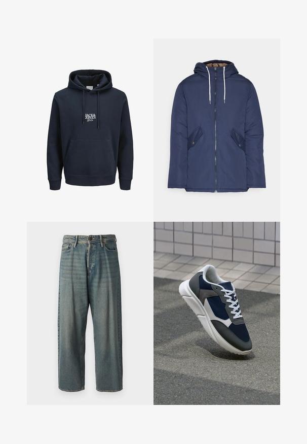 Navy plava podstava jakna s kapuljačom, koja ima prednji patentni zatvarač, dva bočna džepa s gumbima i bijele špage.; Tamno plavi dukserica s kapuljačom na vezicu, prednji kengur džep i bijeli izvezeni logo "JACK & JONES" na prsima. Mekani materijal.; Svijetloplave traperice s širokim krojem, srednjim pojasom i ravnim nogavicama. Ima pet džepova, petlje za remen i kopčanje na gumb.; Tenisice s gornjim dijelom od mrežastog materijala tamnoplave boje, siva antilopova naglašavanja, bijela gumena potplat i ravne bijele vezice, dizajnirane za udobnost i prozračnost.