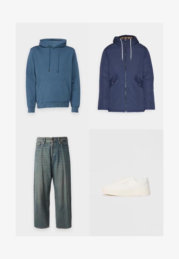 Námornícky modrá vystužená bunda s kapucňou, so zipsom vpredu, dvomi bočnými vreckami s gombíkmi a bielymi šnúrkami.; Mikina s kapucňou v modrej farbe, s predným vreckom, sťahovacími šnúrkami, rebrovanými manžetami a lemom. Vyrobená z mäkkej, štruktúrovanej tkaniny.; Svetlomodré denimové nohavice so voľným strihom, stredne vysokým pásom a rovnými nohavicami. Obsahujú päť vreciek, pútka na opasok a zapínanie na gombík.; Biele slip-on tenisky s textúrovaným povrchom, hrubou podrážkou a minimalistickým dizajnom. Obsahuje logo značky na boku.