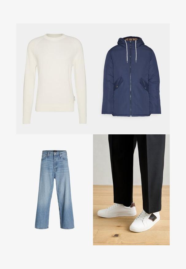 Navy blue padded jacket with a hood, featuring a front zipper, two side pockets with buttons, and white drawstrings.; Cream-colored knit sweater with long raglan sleeves, a crew neckline, and ribbed cuffs. The fabric has a textured pattern and a subtle logo detail at the hem.; Light blue wide-leg jeans made of denim, featuring a high waist, classic five-pocket design, and button closure with a zip fly.; White sneakers with smooth texture, featuring brown leather accents and black detailing, paired with black tailored pants. Wooden floor background.