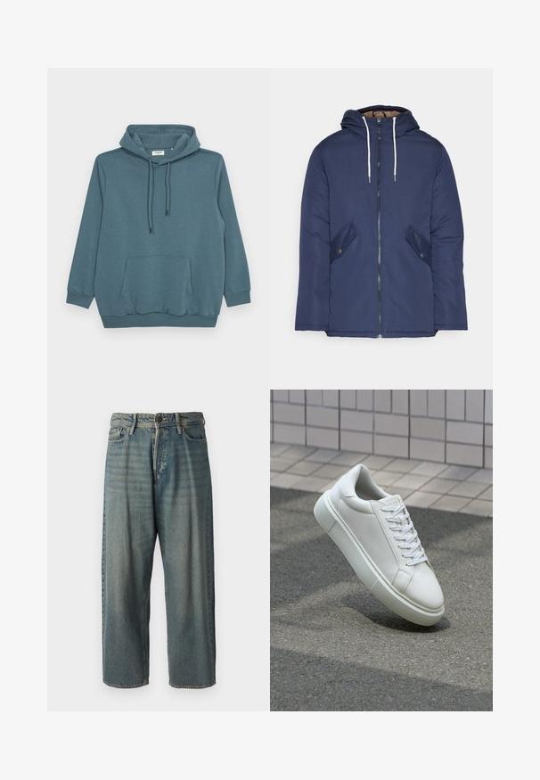 Jūras zila pufīgā jaka ar kapuci, kas aprīkota ar priekšējo rāvējslēdzēju, divām sānu kabatām ar pogām un baltiem aukliņām.; Tūbā zaļas krāsas kapučo, ar auklu humoru, garām piedurknēm, priekšējo kangaroo kabatu un ribinātām aprocēm un apakšdaļu gludā audumā.; Gaiši zili džinsi ar brīvu piegriezumu, vidējo jostas augstumu un taisnām kājām. Satur piecas kabatas, jostas cilpas un pogu aizdari.; Baltas ādas sporta apavi ar gludu virsmu, apaļu pirkstu un plakanām baltām šņorēm. Iezīmējas ar strukturētu gumijas zoli un minimālisma dizaina elementiem.