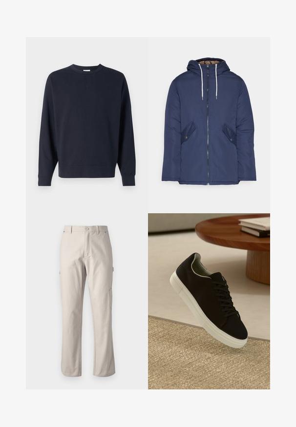 Mornarsko modra podložena jakna s kapuco, ki ima sprednji zadrgo, dva stranska žepa s gumbi in bele vrvice.; Marino modra majica iz bombaža, z okroglim izrezom, dolgimi rokavi, ribanim robom in preprostim dizajnom brez vidnih grafičnih elementov.; Bež hlače iz trpežne bombažne tkanine s ravnimi nogavicami, sprednjim gumbom za zapiranje in stranskimi žepi za praktičnost. Gladka tekstura z diskretnimi šivi.; Črni športni copat z belim podplatom lebdi nad bež teksturiranim preprogam blizu okroglega lesenega mize z zloženimi knjigami.