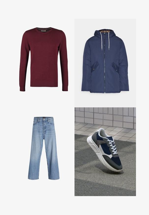 Mørkeblå polstret jakke med hætte, fremhævet af en frontlynlås, to sidelommer med knapper og hvide snore.; Bordeaux crewneck sweater lavet af glat stof, med lange ærmer og ribbet manchetter og kant for ekstra tekstur.; Lyseblå denim bukser med brede ben og høj talje, med knaplukning, fem lommer og et subtilt slidtegn. Ren kantfinish.; Sneakers med en overdel i marineblå mesh, grå suedeteksturer, hvid gummisål og flade hvide snørebånd, designet til komfort og åndbarhed.