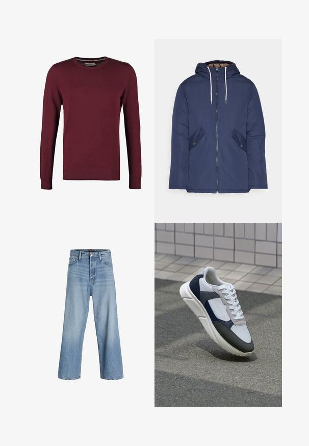 Marinblå vadderad jacka med huva, som har en framdragkedja, två sidofickor med knappar och vita dragsnören.; Burgundy crewneck-tröja i mjukt tyg med långa ärmar samt ribbade muddar och fåll för extra textur.; Ljusblå vida jeans i denim, med hög midja, klassisk femfickdesign och knappstängning med dragkedja.; Vit, marinblå och grå sneaker med en blandad materialdesign, som har ett texturerat ovandel, platta snören och en vadderad sula.