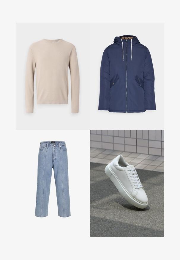 Námorně modrá prošívaná bunda s kapucí, která má přední zip, dvě boční kapsy s knoflíky a bílé šňůrky.; Beige pletený svetr s dlouhými rukávy, kulatým výstřihem a strukturovaným žebrovaným vzorem. Materiál vypadá jemně a lehce.; Světle modré džíny z denimu s volným střihem, širokými nohavicemi a viditelnými švy. Obsahují zapínání na knoflík a zip, pět kapes.; Bílé kožené tenisky s hladkým povrchem, kulatou špičkou a plochými bílými tkaničkami. Disponují texturovanou gumovou podrážkou a minimálními designovými prvky.