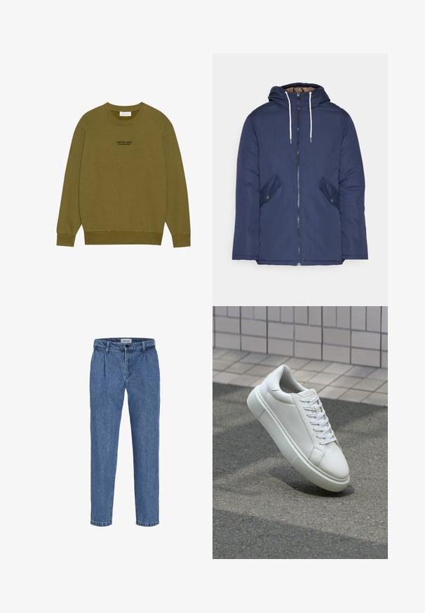 Jachetă căptușită bleu marin cu glugă, având un fermoar frontal, două buzunare laterale cu nasturi și șnururi albe.; Hanorac verde măsliniu dintr-un material moale, cu guler rotund, manșete ribbate și un mic logo imprimat negru pe față.; Pantaloni din denim bleu deschis, cu o croială relaxată, având talie înaltă, două pliuri frontale și margini răsfrânte. Închidere simplă cu nasture și fermoar.; Sneaker alb din piele cu o suprafață netedă, vârf rotund și șireturi plate albe. Dispune de o talpă din cauciuc texturată și elemente de design minimale.