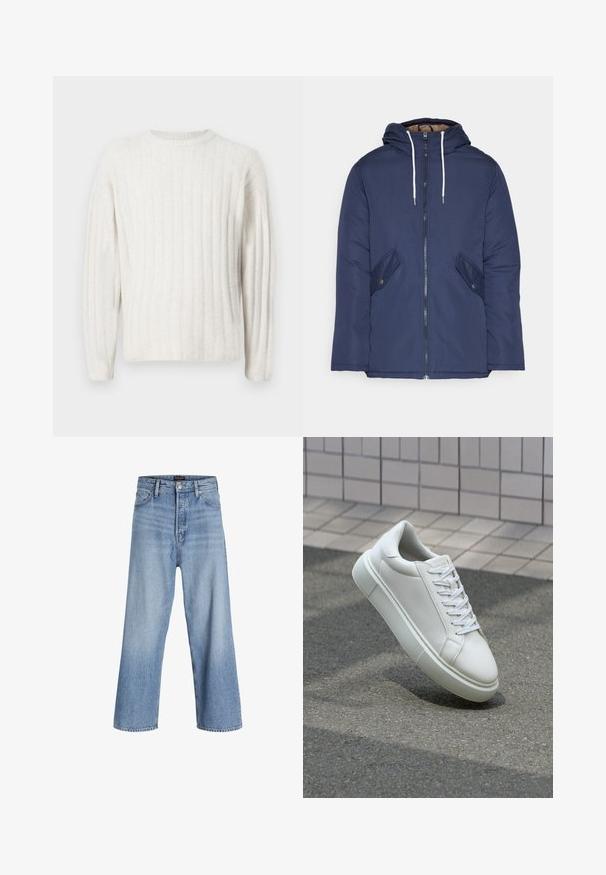 Marineblå polstret jakke med hette, med glidelås foran, to sidelommer med knapper og hvite snorer.; Kremfarget genser med ripete tekstur, rund hals og lange ermer. Mykt stoff med en avslappet passform.; Lys blå denim vide bukser med høj talje, der har en knaplukning, fem-lomme design og subtilt slidte områder. Rette kanter.; Hvit lær sneaker med glatt overflate, rund tå og flate hvite snøringer. Har en teksturert gummisåle og minimale design elementer.