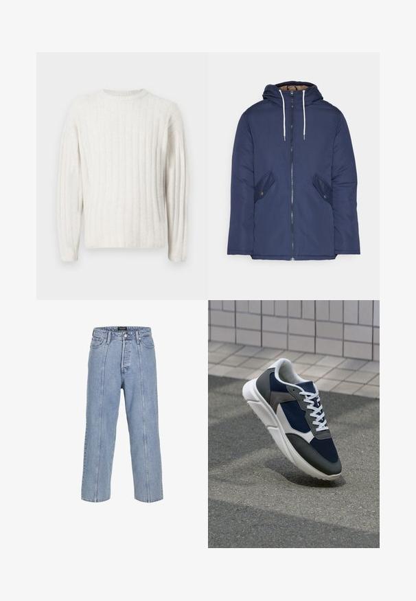 Navy blue padded jacket with a hood, featuring a front zipper, two side pockets with buttons, and white drawstrings.; Cream-colored sweater with a ribbed texture, round neckline, and long sleeves. Soft fabric with a relaxed fit.; Light blue denim jeans with a loose fit, wide legs, and visible stitching details. Features a button and zip fly closure, five pockets.; Sneaker featuring a navy blue mesh upper, gray suede accents, white rubber sole, and flat white laces, designed for comfort and breathability.