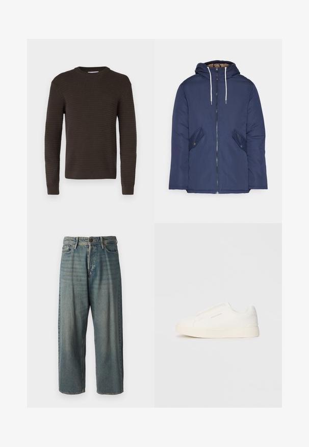 Jūrinė mėlyna pūkinė striukė su kapišonu, turinti priekinį užtrauktuką, dvi šonines kišenes su sagomis ir baltus raiščius.; Tamsiai rudas megztinis su tekstūruotu, raštuotu dizainu. Apvalia iškirpte ir ilgomis rankovėmis, su prigludusiais rankogaliais ir tiesia apačia.; Šviesiai mėlyni džinsai su laisvu siluetu, vidutinio aukščio juosmeniu ir tiesiomis kojomis. Su penkiais kišenėmis, diržo kilpo ir mygtukų uždarymu.; Baltos slip-on sportbačiai su tekstūruota paviršiumi, storesniu padu ir minimalistišku dizainu. Šone matosi prekės ženklo logotipas.