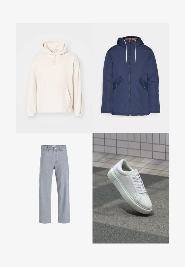 Navy blue padded jacket with a hood, featuring a front zipper, two side pockets with buttons, and white drawstrings.; Light beige hoodie, made of soft fleece material. Features a drawstring hood, front pocket, ribbed cuffs, and minimal logo detail.; Light blue denim jeans with a relaxed fit, straight leg design, visible stitching, two front pockets, and a button closure.; White leather sneaker with a smooth surface, round toe, and flat white laces. Features a textured rubber sole and minimal design elements.