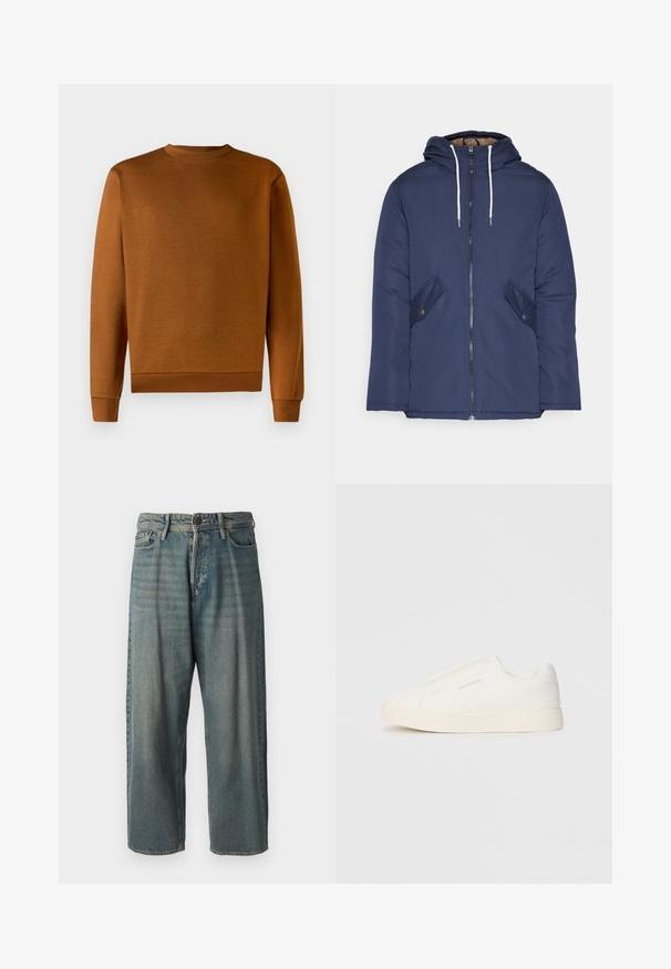 Marineblau gepadded Jacke mit Kapuze, ausgestattet mit einem Reißverschluss vorne, zwei seitlichen Taschen mit Knöpfen und weißen Kordeln.; Brauner Rundhalsausschnitt-Pullover mit weicher Textur, gerippten Bündchen und Saum. Einfaches Design, ohne Muster oder Verzierungen, aus strapazierfähigem Material.; Helle blaue Denim-Jeans mit lockerer Passform, mittelhoher Taille und geraden Beinen. Hat fünf Taschen, Gürtelschlaufen und einen Knopfverschluss.; Weiße Slip-On-Sneaker mit einer strukturierten Oberfläche, dicker Sohle und minimalistischem Design. Mit Logo der Marke an der Seite.