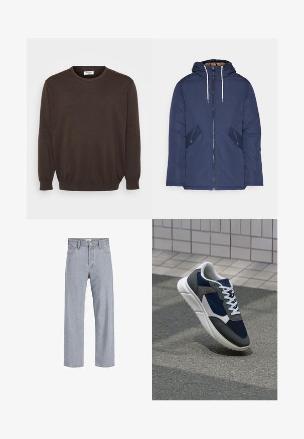 Navy blue padded jacket with a hood, featuring a front zipper, two side pockets with buttons, and white drawstrings.; Brown knit sweater with a round neckline, long sleeves, and ribbed cuffs and hem. Smooth fabric texture, classic design without embellishments.; Light blue denim jeans with a relaxed fit, straight leg design, visible stitching, two front pockets, and a button closure.; Sneaker featuring a navy blue mesh upper, gray suede accents, white rubber sole, and flat white laces, designed for comfort and breathability.