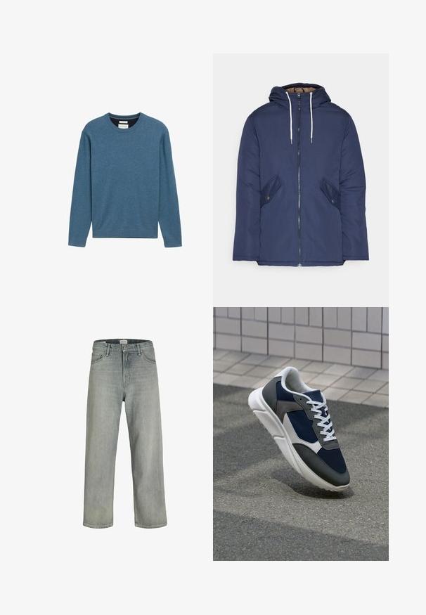 Giacca imbottita blu navy con cappuccio, dotata di zip frontale, due tasche laterali con bottoni e lacci bianchi.; Felpa blu a girocollo realizzata in morbido cotone, con maniche lunghe, polsini e orlo ribattuti, e un piccolo dettaglio del logo sul davanti.; Jeans grigi chiaro, con vestibilità comoda, realizzati in denim. Presentano un classico design a cinque tasche, passanti per cintura e una silhouette a gamba dritta.; Sneaker con tomaia in rete blu navy, inserti in suede grigio, suola in gomma bianca e lacci bianchi piatti, progettata per comfort e traspirabilità.