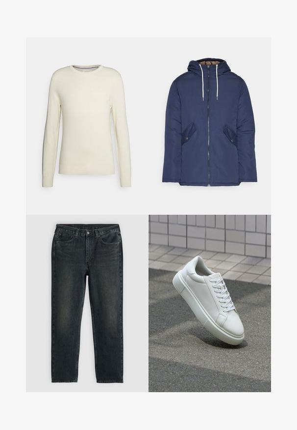 Jūrinė mėlyna pūkinė striukė su kapišonu, turinti priekinį užtrauktuką, dvi šonines kišenes su sagomis ir baltus raiščius.; Kreminės spalvos, apvalaus kaklo megztinis su ilgomis rankovėmis, susiraukšlėjusiomis riešais ir apačia. Pagamintas iš minkštos megztos medžiagos be raštų ar puošmenų.; Tamsiai mėlynos džinsinės kelnės su tiesiu kirpimu, turinčios penkias kišenes, užtrauktuką ir kontrastingas siūles. Audinys šiek tiek nublukęs.; Balti odiniai sportbačiai su lygiu paviršiumi, apvalia nosimi ir plokščiomis baltomis raištelėmis. Yra tekstūruotas gumos padas ir minimalizmas dizaino elementuose.