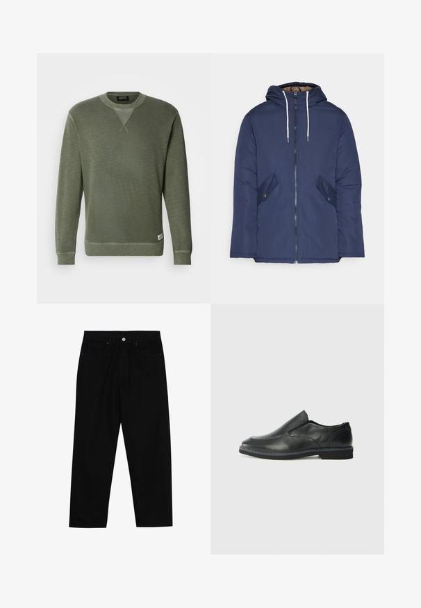 Marineblauwe gewatteerde jas met een capuchon, voorzien van een rits aan de voorkant, twee zijzakken met knopen en witte trekkoorden.; Groene sweatshirt gemaakt van textuurstof, met een ronde halslijn, lange mouwen en een klein merklabel aan de onderkant links.; Zwarte denim broek met een recht gesneden pasvorm, vijf gebruikersvriendelijke zakken en een sluiting met een knoop aan de voorkant. Soepele textuur met minimale stikdetails.; Zwarte leren instapper met een soepele bovenkant, gestikte accenten, ronde neus en een lage rubberen hak. De zool heeft minimale profiel.