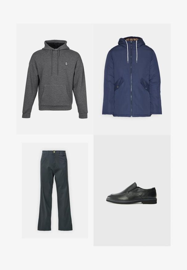 Casaco acolchoado azul-marinho com capuz, apresentando um fecho frontal com zíper, dois bolsos laterais com botões e cordões brancos.; Hoodie cinza com um design texturizado em malha tipo waffle. Apresenta um bolso frontal, capuz ajustável com cordão e um pequeno logótipo bordado.; Calças pretas com corte reto, feitas de um tecido em mistura de algodão. Apresenta um fecho com botão metálico e bolsos laterais. Sem padrões visíveis.; Sapato slip-on preto em pele com um upper liso, acabamentos cosidos, bico arredondado e um salto de borracha baixo. A sola apresenta um padrão de aderência mínimo.