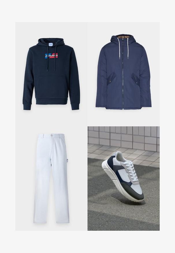 Mørkeblå polstret jakke med hætte, fremhævet af en frontlynlås, to sidelommer med knapper og hvide snore.; Mørkeblå hoodie med en forreste kængurulomme, hætte med snor og logo i rød og blå. Den har en blød, glat tekstur og ribbede manchetter.; Lysblå stribede bukser lavet af bomuld. Lige ben design med knaplukning foran og sidelommer. Blød tekstur.; Hvide, marineblå og grå sneakers med et design i blandede materialer, der har en tekstureret overdel, flade snørebånd og en polstret sål.