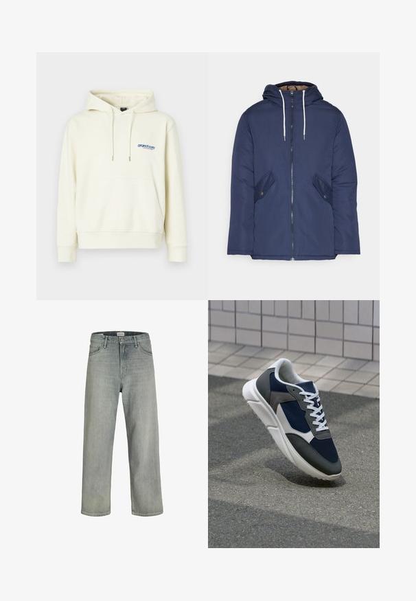 Mørkeblå polstret jakke med hætte, fremhævet af en frontlynlås, to sidelommer med knapper og hvide snore.; Cremefarvet hættetrøje med en frontlomme, snoretræk i hætten og blåt logo på brystet. Blødt stof med en afslappet pasform og ribbede manchetter.; Lysegrå, løstsiddende jeans lavet af denim. Har et klassisk fem-lomme design, bæltestropper og en lige ben silhuet.; Sneakers med en overdel i marineblå mesh, grå suedeteksturer, hvid gummisål og flade hvide snørebånd, designet til komfort og åndbarhed.