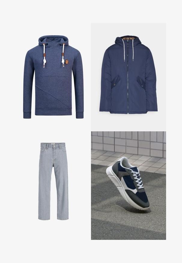 Marineblå polstret jakke med hette, med glidelås foran, to sidelommer med knapper og hvite snorer.; Marineblå hettegenser med teksturert stoff, som har kengurulomme, skrå sømdetaljer, hvite snorer og en brun logo-patch.; Lyseblå denimbukser med avslappet passform, rett ben-design, synlige sømmer, to frontlommer og knappelukking.; Sneakers med en navy blå mesh-overdel, grå sømværk, hvit gummisåle og flate hvite snører, designet for komfort og pusteevne.