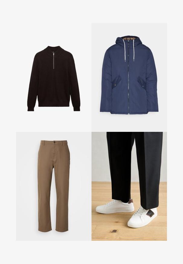 Granatowa pikowana kurtka z kapturem, z zamkiem z przodu, dwoma bocznymi kieszeniami z guzikami oraz białymi sznurkami.; Ciemnobrunatny sweter z dzianiny z wysokim kołnierzem, zamkiem błyskawicznym na ćwierć oraz prążkowaną strukturą. Posiada długie rękawy i luźny krój.; Brązowe, bawełniane spodnie o prostym kroju, z zapięciem na guziki i kieszeniami bocznymi. Charakteryzują się gładką teksturą i prostym, nieozdobnym wzornictwem.; Białe trampki o gładkiej fakturze, z brązowymi skórzanymi akcentami i czarnymi detalami, zestawione z czarnymi eleganckimi spodniami. Tło stanowi drewniana podłoga.
