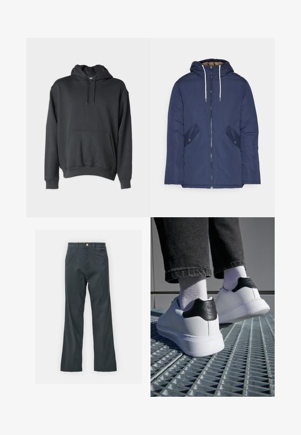 Navy plava podstava jakna s kapuljačom, koja ima prednji patentni zatvarač, dva bočna džepa s gumbima i bijele špage.; Tamno siva dukserica od mekane tkanine, s prednjim džepom, svezicama na kapuljači i rebrastim završecima na rukavima i donjem rubu.; Crne hlače s ravnim krojem, napravljene od tkanine s pamukom. Imaju metalnu dugmad za zatvaranje i bočne džepove. Nema vidljivih uzoraka.; Bijele tenisice s crnim detaljem na peti koji sadrži dizajn nasmijanog lica, od glatke kože, ravnim gumeni potplat i teksturiranim detaljima.
