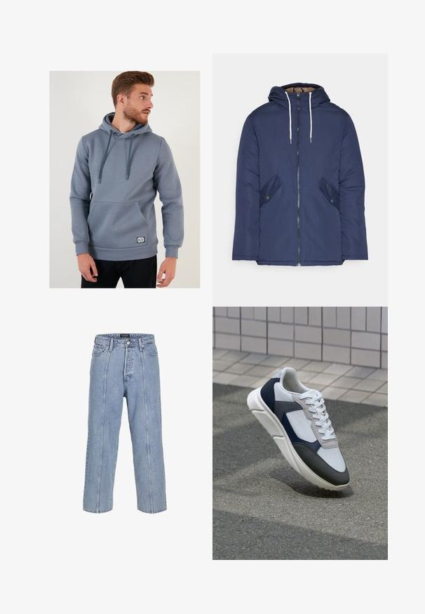 Giacca imbottita blu navy con cappuccio, dotata di zip frontale, due tasche laterali con bottoni e lacci bianchi.; Felpa grigia con tasca frontale, cappuccio regolabile con cordini, polsini e orlo a costine, realizzata in un materiale morbido e liscio. Presenta un'etichetta con logo.; Jeans in denim blu chiaro con una vestibilità ampia, gambe larghe e dettagli di cucitura visibili. Presenta una chiusura con bottone e zip, cinque tasche.; Sneaker bianca, blu navy e grigia con un design a materiali misti, caratterizzata da una tomaia testurizzata, lacci piatti e una suola imbottita.