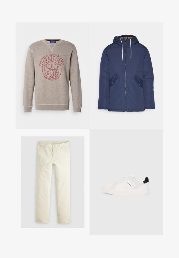 Marineblå polstret jakke med hette, med glidelås foran, to sidelommer med knapper og hvite snorer.; Lys grå hettegenser i mykt materiale, med et sirkulært logo i rødt med teksten "TWENTY TWO SCOTCH & SODA AMSTERDAM." Ribbestrikkede mansjetter og nederkant.; Lys beige løse bukser med tre lommer, beltestropper og rett ben-design. Laget av et mykt bomullsblandingsstoff.; Hvite sneakers med lys rosa og svarte detaljer, med glatte lær- og semskede paneler, rund tå og flat gummisåle.