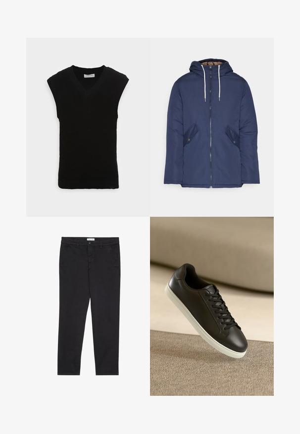 Námorně modrá prošívaná bunda s kapucí, která má přední zip, dvě boční kapsy s knoflíky a bílé šňůrky.; Černá bezrukávová pletená vesta s výstřihem do V a ribbovanou texturou, se hladkým lemem a bez dalších ozdob.; Černé bavlněné kalhoty s úzkým střihem, které mají dvě boční kapsy a přední zapínání na knoflík. Texturovaná tkanina s jemnými detaily.; Černé kožené tenisky s bílou gumovou podrážkou a černými tkaničkami, umístěné na béžovém textilním povrchu a pozadí.