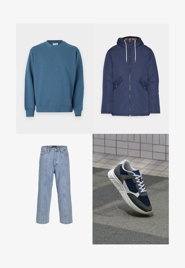 Chaqueta acolchada de color azul marino con capucha, cuenta con un cierre frontal de cremallera, dos bolsillos laterales con botones y cordones blancos.; Sudadera de algodón azul con cuello redondo, puños de canalé y bajo recto. Presenta una textura suave y un corte relajado.; Vaqueros de mezclilla de color azul claro con un corte suelto, piernas anchas y detalles de costura visibles. Cuenta con un cierre de botón y cremallera, y cinco bolsillos.; Zapatillas con una parte superior de malla azul marino, detalles en gamuza gris, suela de goma blanca y cordones blancos planos, diseñadas para la comodidad y transpirabilidad.