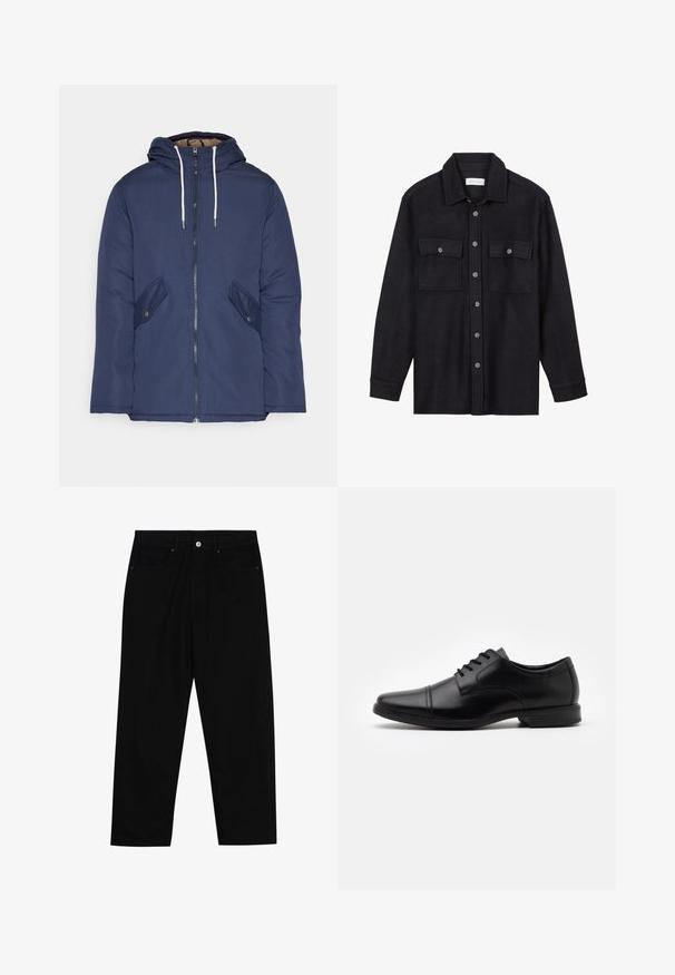 Veste matelassée bleu marine avec capuche, dotée d'une fermeture éclair à l'avant, de deux poches latérales avec boutons et de cordons de serrage blancs.; Veste chemise en laine noire avec un col, fermeture à boutons à l'avant, deux poches poitrine et manches longues. Texture douce, sans motifs visibles.; Pantalons en denim noir avec une coupe droite, un design à cinq poches et une fermeture à bouton à l'avant. Texture lisse avec des détails de couture minimaux.; Chaussure habillée en cuir noir avec un bout pointu, un design à lacets, des détails de couture subtils et une semelle en caoutchouc texturée, basse.