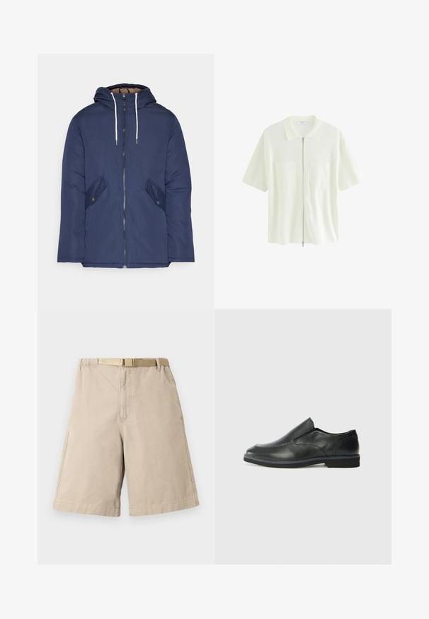 Jūrinė mėlyna pūkinė striukė su kapišonu, turinti priekinį užtrauktuką, dvi šonines kišenes su sagomis ir baltus raiščius.; Trumpas, baltas užtrauktuku užsegamas marškinėliai, pagaminti iš tekstūruoto audinio, su apykakle ir dviem priekinėmis kišenėmis su kvadratiniais dangteliais.; Bežiniai medvilniniai šortai su diržu, tiesaus kirpimo, šoninėmis kišenėmis ir sustiprintu siuvimu siūlėse. Visoje srityje tolygus paviršius.; Juodai odiniai įtvirtinimo batai su lygiu paviršiumi, siuvinėjimo akcentais, apvalia nosimi ir žemu guminiu kulnu. Pado raštas minimalus.