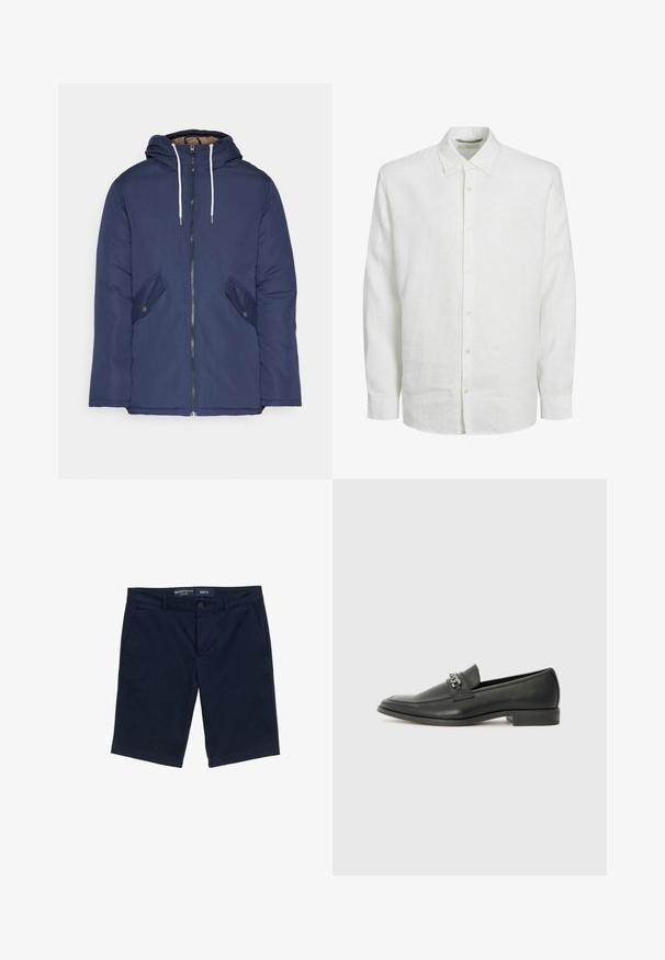 Jūras zila pufīgā jaka ar kapuci, kas aprīkota ar priekšējo rāvējslēdzēju, divām sānu kabatām ar pogām un baltiem aukliņām.; Balta garās piedurknes krekls, izgatavots no lina, ar pogu aizdari priekšā, klasisku apkakli un smalku tekstūru. Piedurknes beidzas pie plaukstas ar pogu aprocēm.; Tumši zilie šorti, izgatavoti no kokvilnas maisījuma, ar pogu aizdari, sānu kabatām un taisnu kāju dizainu. Redzama izmēra M etiķete.; Melna ādas loafer izmēra apavi ar gludu virsmu, piedāvā ar šūtu dizainu un dekoratīvu metāla ķēdes akcentu pār vampu. Plakana papēža daļa.