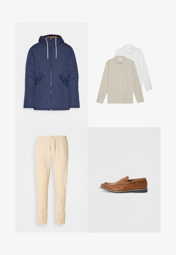 Veste matelassée bleu marine avec capuche, dotée d'une fermeture éclair à l'avant, de deux poches latérales avec boutons et de cordons de serrage blancs.; Deux chemises à manches longues : l'une en tissu blanc, l'autre en beige avec de fines rayures verticales. Les deux présentent des cols et des poignets boutonnés.; Pantalons en lin beige clair avec taille à cordon, jambes fuselées et poignets élastiques. Design simple avec une texture subtile.; Mocassins en cuir marron avec un bout rond, des accents cousus et une semelle en caoutchouc basse. Le design présente une bandoulière sur le haut.