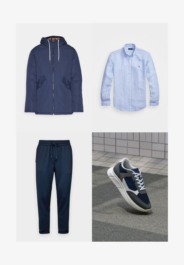 Sötétkék bélelt dzseki kapucnival, elülső cipzárral, két oldalsó zsebbel gombokkal és fehér húzózsinórokkal.; Kék és fehér csíkos, hosszú ujjú pamut ing, gombos gallérral, elől gombokkal és egy kis hímzett logóval a mellkason.; Only & Sons SLINUS - Tréningruha alsók - navy; Cipő, amelynek sötétkék hálós felsőrésze, szürke velúr díszítései, fehér gumitalpa és lapos fehér fűzője van, a kényelem és a légáteresztő képesség érdekében tervezve.