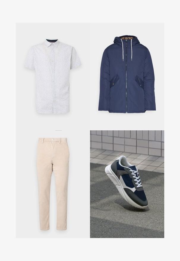 Jūrinė mėlyna pūkinė striukė su kapišonu, turinti priekinį užtrauktuką, dvi šonines kišenes su sagomis ir baltus raiščius.; Šviesiai mėlynas trumpomis rankovėmis marškinėliai su mažų juodų taškų raštu, pasižymintys smailiu apykaklė ir tiesia apačia.; Bežinės širdelės kelnės su tiesiu kojų dizainu, pasižyminčios mygtuko uždarymu, diržo kilpomis ir subtiliu grioveliniu tekstūru.; Sportiniai bateliai su tamsiai mėlynu tinkliniu viršumi, pilkais zomšiniais akcentais, balta guma padanga ir plokščiomis baltomis raištelėmis, sukurti komfortui ir oro pralaidumui.