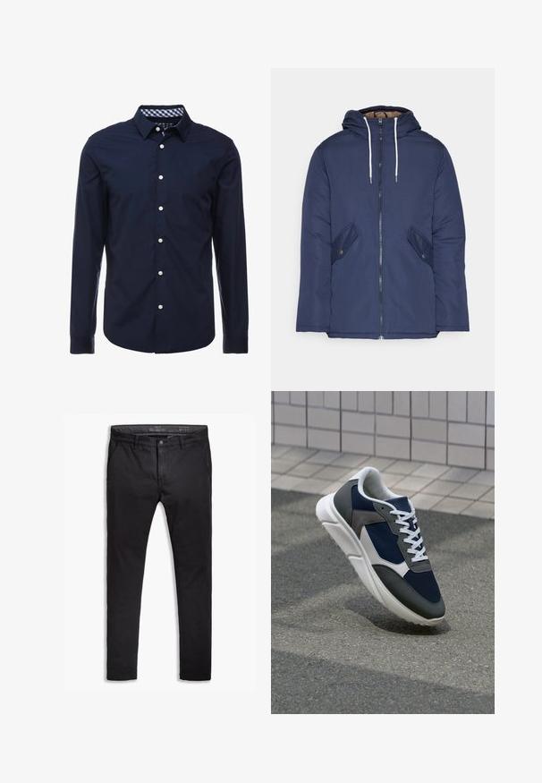 Mørkeblå polstret jakke med hætte, fremhævet af en frontlynlås, to sidelommer med knapper og hvide snore.; Mørkeblå langærmet skjorte med knap-til-krave, kontrastfarvet ternet indre krave og hvide knapper foran. Glat tekstur.; Sorte bomulds-chinos med tapered fit, der har fem lommer, bæltestropper og en glat texure. Lynlås med knaplukning.; Sneakers med en overdel i marineblå mesh, grå suedeteksturer, hvid gummisål og flade hvide snørebånd, designet til komfort og åndbarhed.