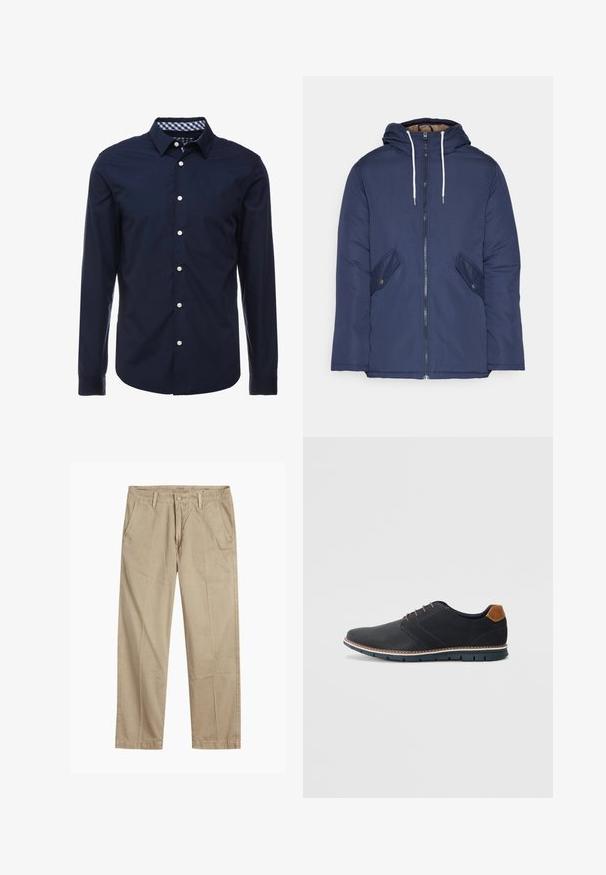 Veste matelassée bleu marine avec capuche, dotée d'une fermeture éclair à l'avant, de deux poches latérales avec boutons et de cordons de serrage blancs.; Chemise bleu marine à manches longues avec col boutonné, col intérieur à carreaux contrastés et boutons blancs sur le devant. Texture lisse.; Chinos beiges à jambes droites avec passants de ceinture, fermeture par bouton et fermeture éclair à l'avant, et poches avant en biais.; Chaussures synthétiques noires avec un dessus texturé, accents lisses, talon marron et semelle contrastante. Présente un laçage minimal et des détails de couture.