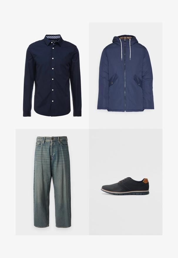 Marineblå polstret jakke med hette, med glidelås foran, to sidelommer med knapper og hvite snorer.; Marineblå langermet skjorte med krage som kan kneppes ned, kontrasterende rutete indre krage og hvite knapper foran. Glatt tekstur.; Lyseblå denimjeans med løs passform, midjehøyde og rette ben. Har fem lommer, beltehemper og knappelukking.; Sorte syntetiske sko med en teksturert overdel, glatte detaljer, brun hæl og en kontrastfarge på sålen. Har minimalt snøring og sømdetaljer.
