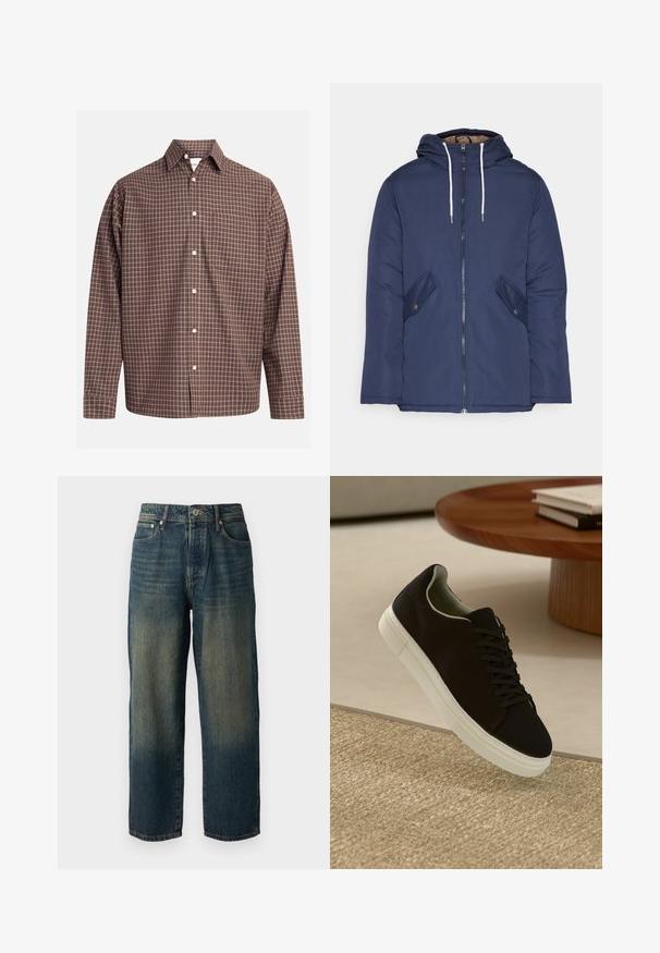 Tumesinine vahtkatseline jakk, millel on kapuuts, esilukk, kaks küljetaskut nupuga ja valged tõmblukud.; Pruunist pliidist pikakäistega särk, millel on rinnaäär ja valged nööbid tekstuurses kangas.; Sinine denimpüksid sirge lõikega, millel on pleekinud disain heledama varjundiga alläärtes, viis taskut ja nööpidega sulgus.; Mustad musta tossuga valge tallaga, mis hõljub beeži tekstuuriga vaiba kohal, ümaral puidust laual, mille peal on kokku virnastatud raamatud.