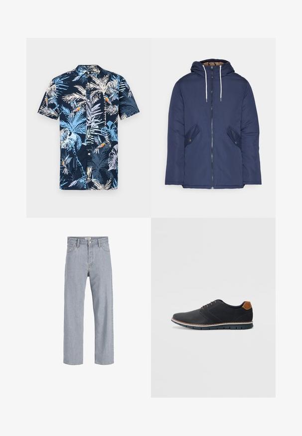 Marineblauwe gewatteerde jas met een capuchon, voorzien van een rits aan de voorkant, twee zijzakken met knopen en witte trekkoorden.; Korte mouwen shirt met een marineblauwe achtergrond en een tropisch patroon van lichtblauwe palmbladeren en kleurrijke vogels. Met een knoopsluiting bij de kraag.; Lichtblauwe denim jeans met een relaxed fit, rechte pijpen, zichtbare stiksels, twee voorzakken en een knoopsluiting.; Zwarte synthetische schoenen met een gestructureerde bovenkant, gladde accenten, bruine hak en een contrasterende zool. Bevat minimale veters en stikdetails.