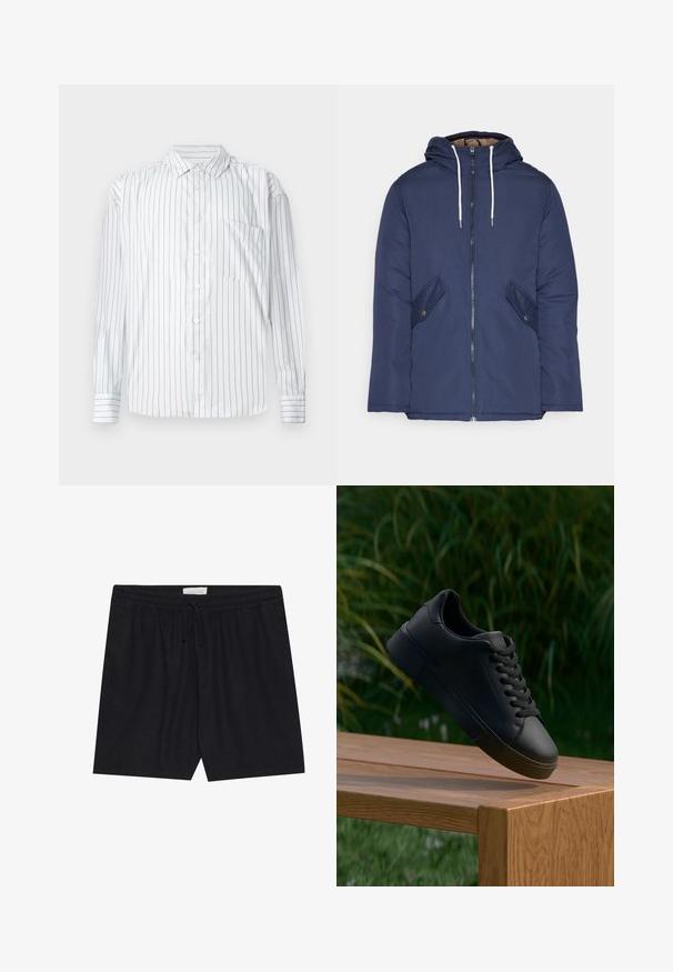 Navy blue padded jacket with a hood, featuring a front zipper, two side pockets with buttons, and white drawstrings.; Long-sleeve button-up shirt in white with thin red vertical stripes, soft texture, pointed collar, and a left chest pocket.; Black, elastic waist shorts with a drawstring, featuring a smooth texture and straight cut, suitable for casual wear.; Pier One Trainers - black