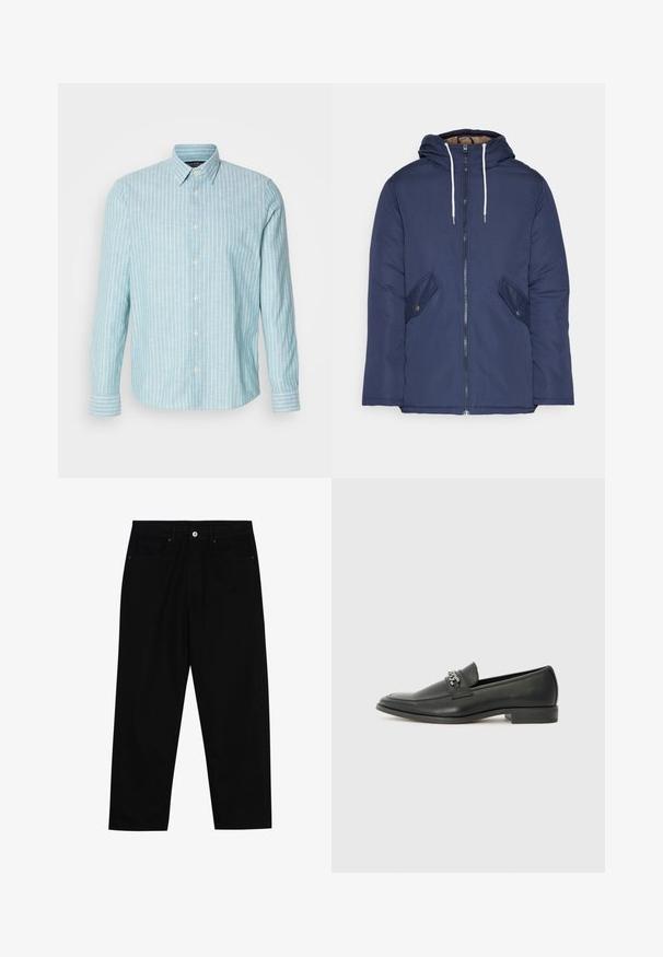 Sötétkék bélelt dzseki kapucnival, elülső cipzárral, két oldalsó zsebbel gombokkal és fehér húzózsinórokkal.; Világoskék, hosszú ujjú, gombos ing fehér függőleges csíkokkal, klasszikus gallérral és gombos záródással. Puha tapintású, laza stílusú.; Fekete farmernadrág, egyenes szabással, öt zsebből álló dizájnnal és elülső gombos záródással. Simább felület minimális varrási részletekkel.; Fekete bőr loaferek sima felülettel, varrott mintával és díszítő fém lánccal a cipő elején. Lapos sarok.