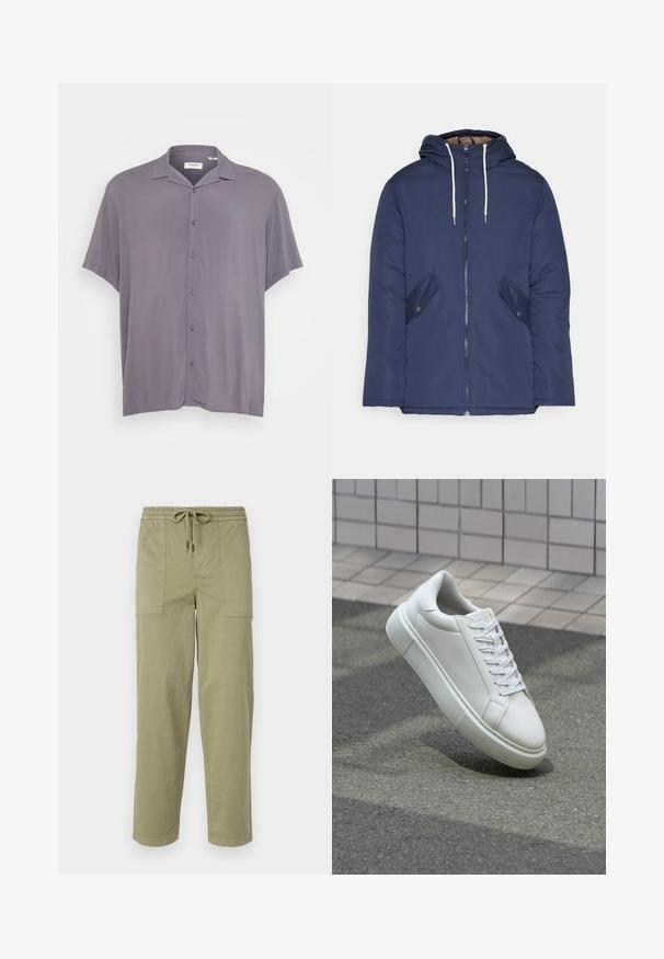 Mørkeblå polstret jakke med hætte, fremhævet af en frontlynlås, to sidelommer med knapper og hvide snore.; Kortærmet, knap-lukket skjorte i lysegrå stof. Har en klassisk krave, afslappet pasform og glat tekstur uden mønstre eller accenter.; Lys olivengrønne bukser lavet af en bomuldsblanding, med elastisk talje med snor og to store sidelommer.; Hvide lædersneakers med en glat overflade, rund tå og flade hvide snørebånd. Har en tekstureret gummisål og minimalt design.