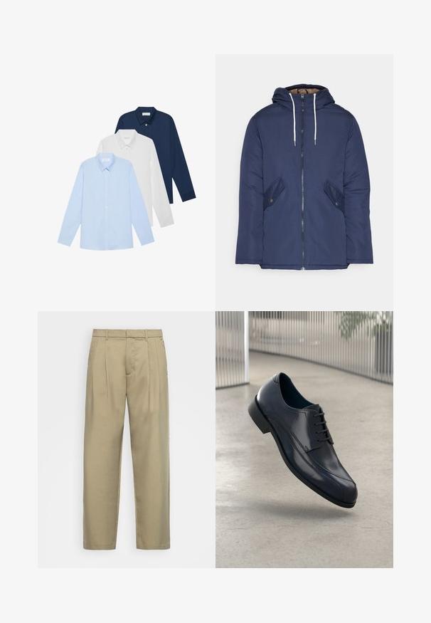 Navy plava podstava jakna s kapuljačom, koja ima prednji patentni zatvarač, dva bočna džepa s gumbima i bijele špage.; Tri dugih rukava: svijetloplava, bijela i tamnoplava. Svi imaju klasični ovratnik i dugmad sprijeda, izrađeni su od glatkog materijala.; Bež hlače visokog struka s ravnim krojem, s ravnim prednjim dijelom, bočnim džepovima i glatkom, teksturiranom tkaninom.; Sjajna crna kožna cipelica s vezicama, koja lebdi iznad glatkog, svijetlosive podloge i vertikalnih metalnih šipki u pozadini.